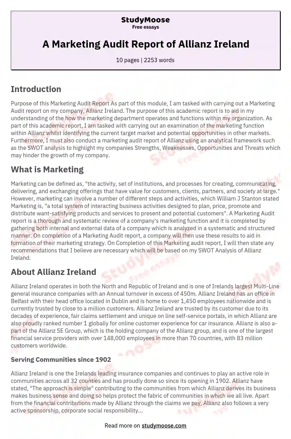 A Marketing Audit Report of Allianz Ireland