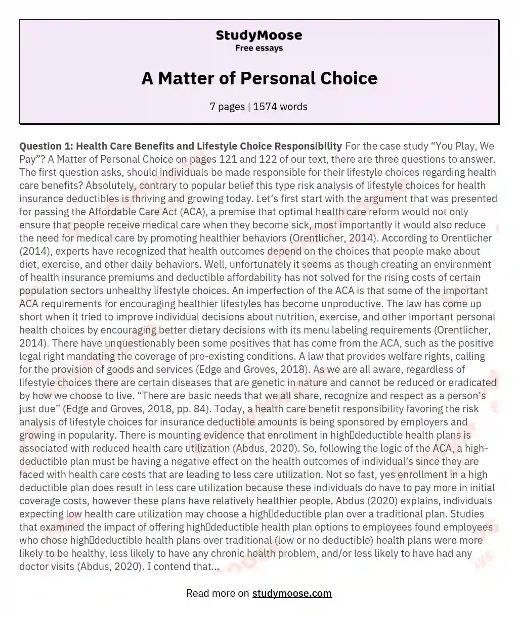 A Matter of Personal Choice essay