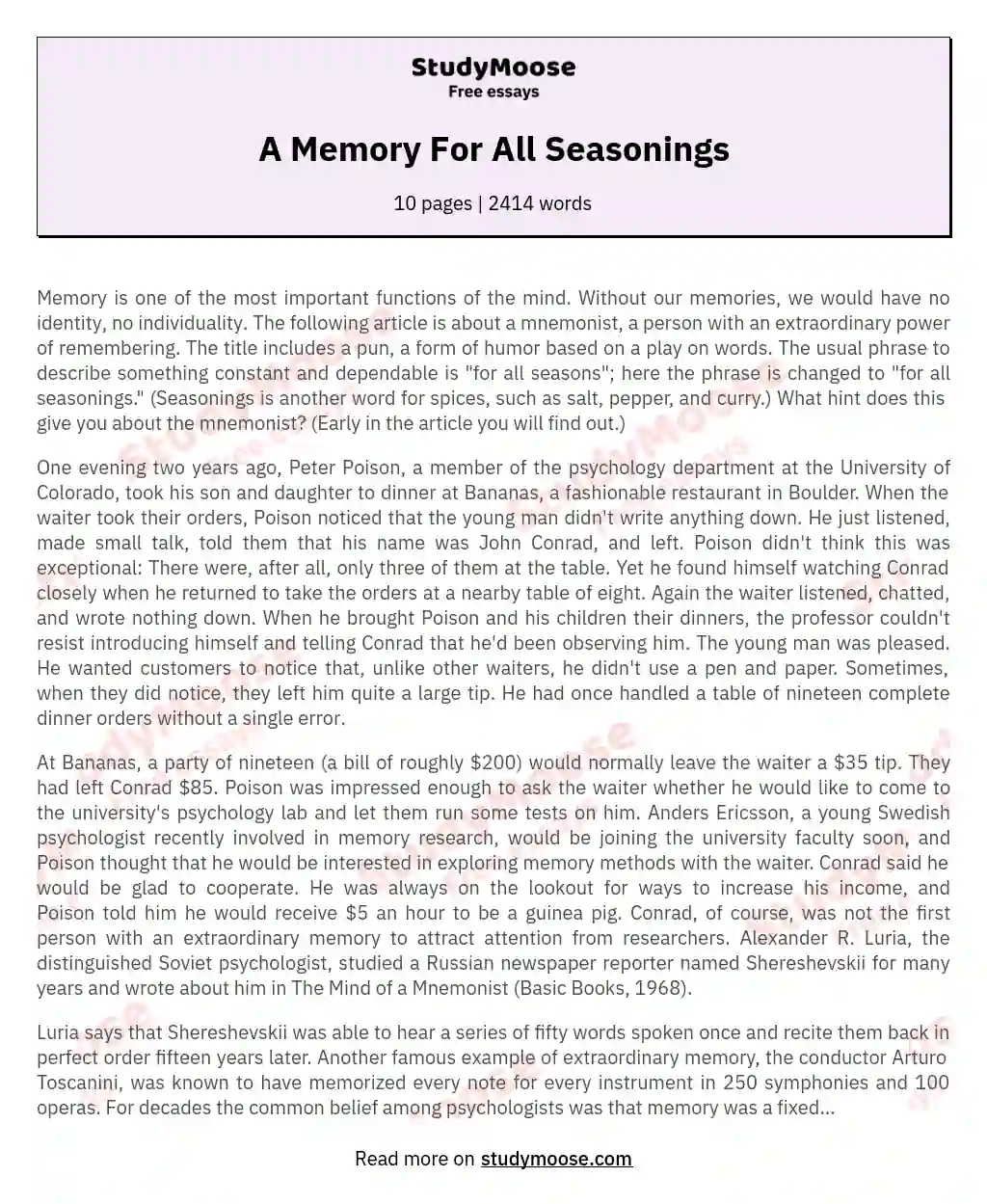 A Memory For All Seasonings essay