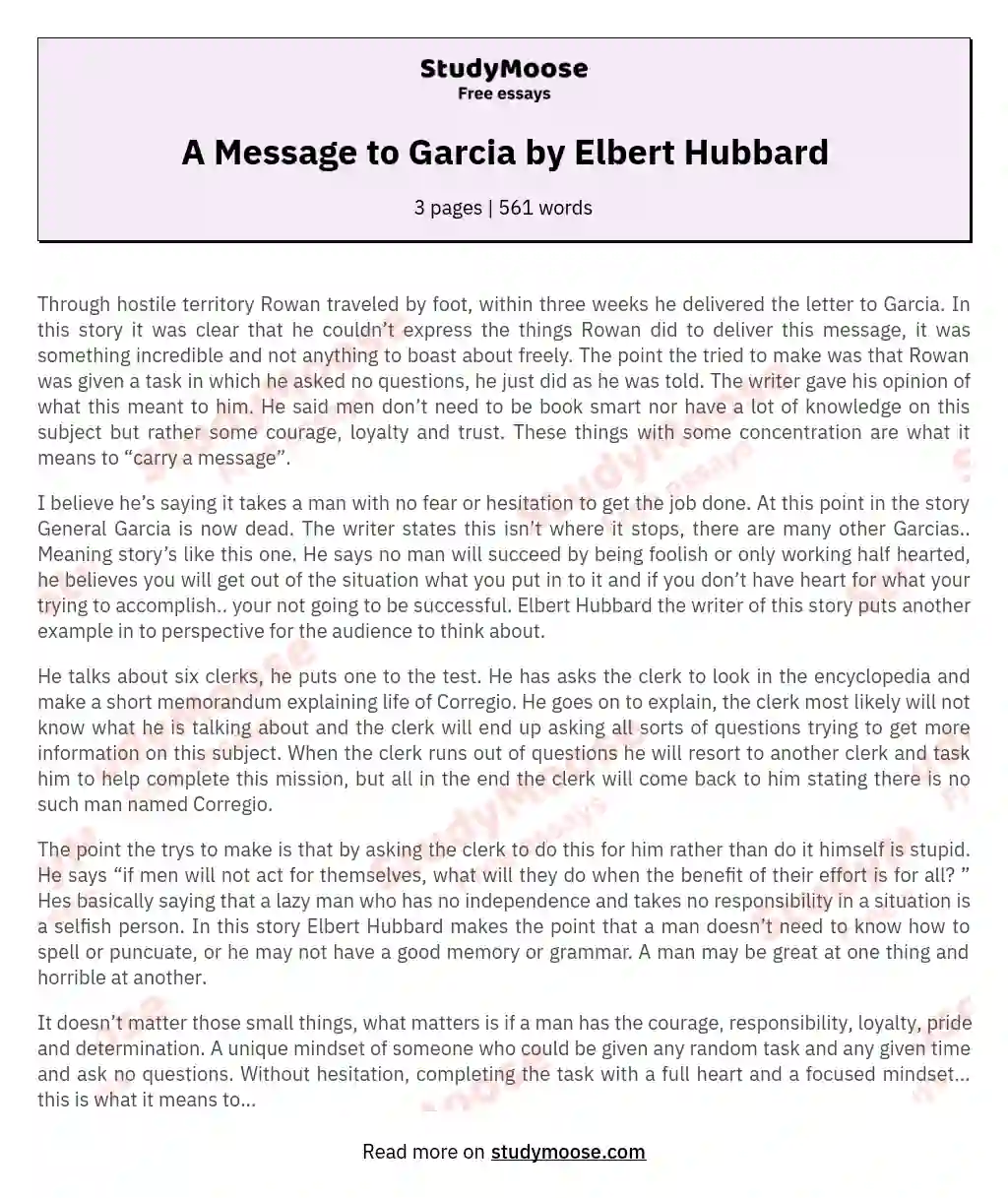 A Message to Garcia by Elbert Hubbard essay
