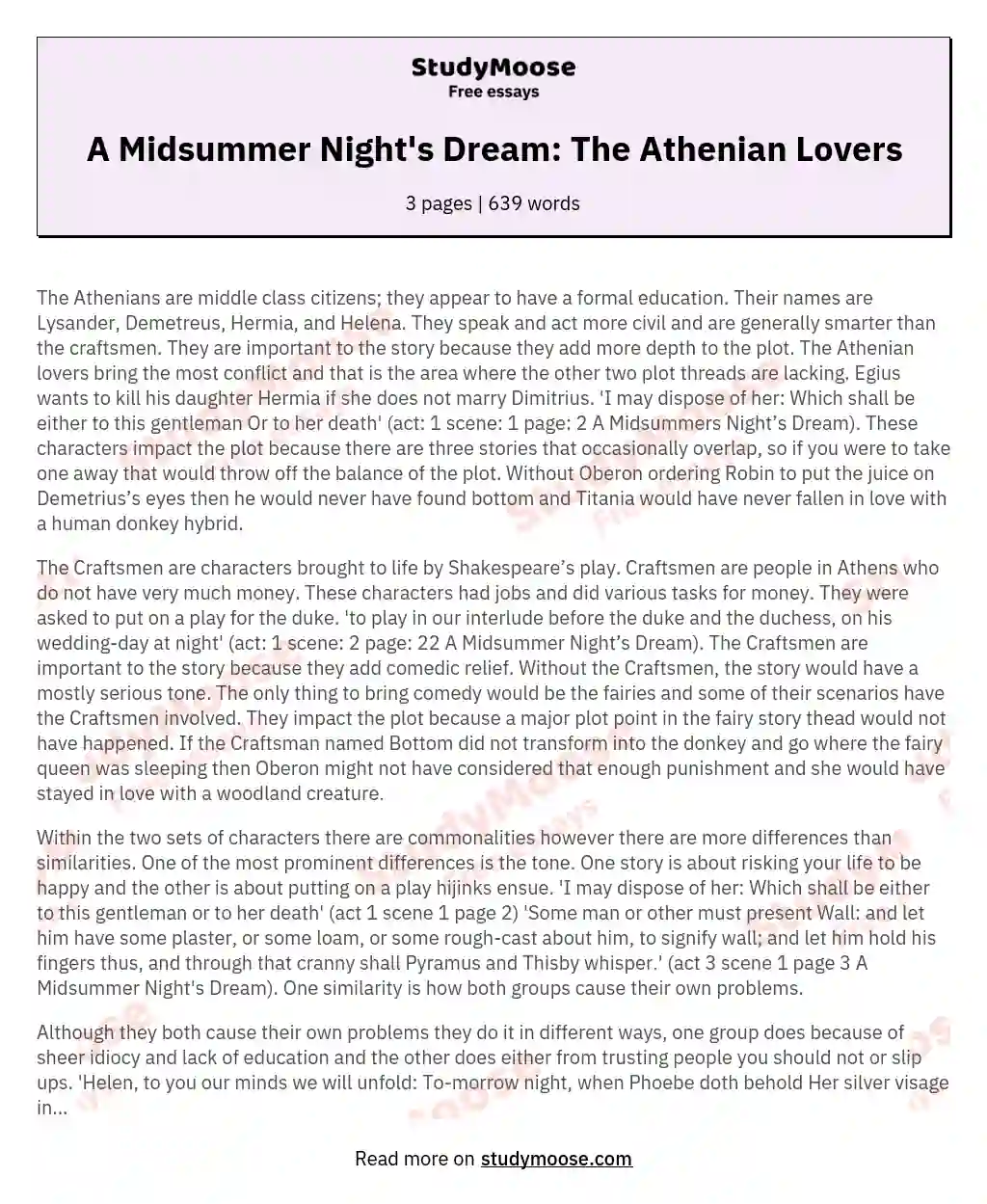 A Midsummer Night's Dream: The Athenian Lovers essay