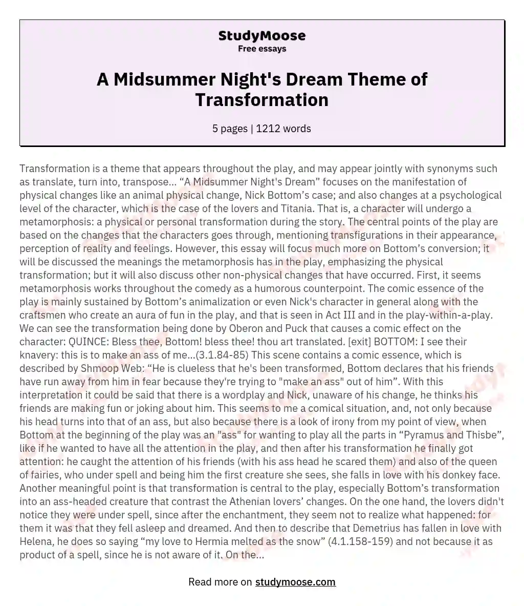 A Midsummer Night's Dream Theme of Transformation essay