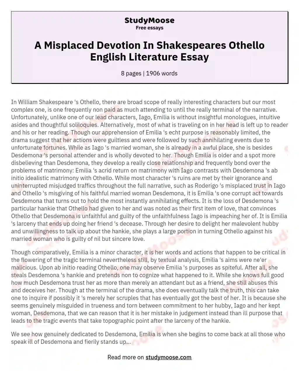 A Misplaced Devotion In Shakespeares Othello English Literature Essay essay