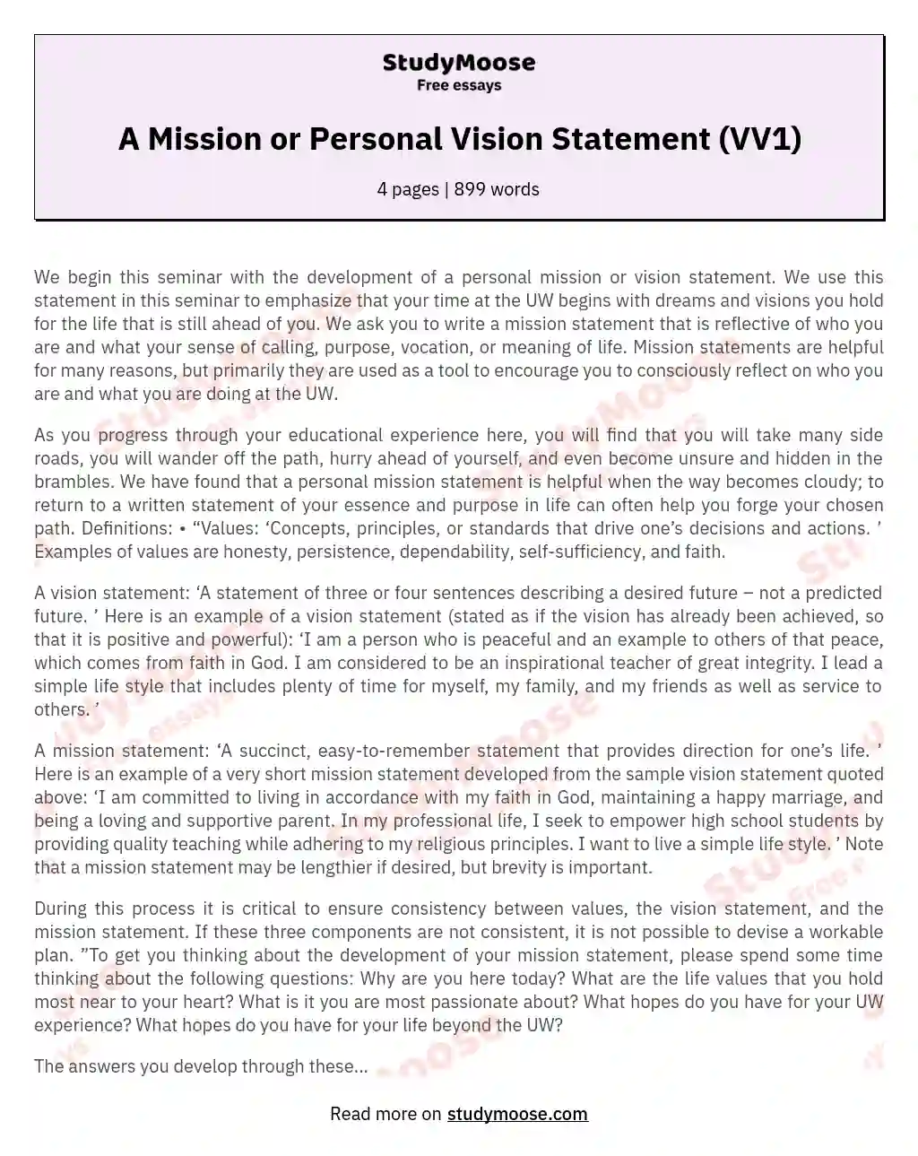 A Mission or Personal Vision Statement (VV1)