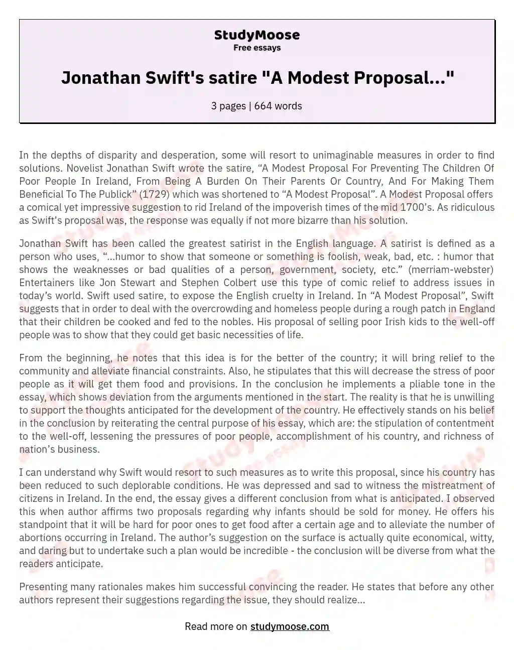 Jonathan Swift's satire "A Modest Proposal..." essay