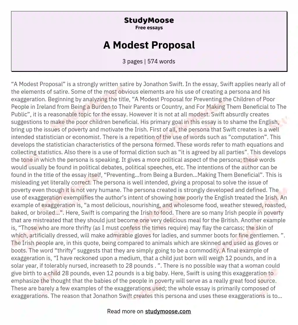 a modest proposal free essay