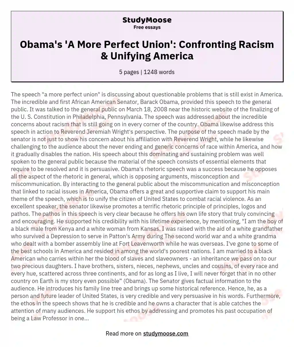 Obama's 'A More Perfect Union': Confronting Racism & Unifying America essay