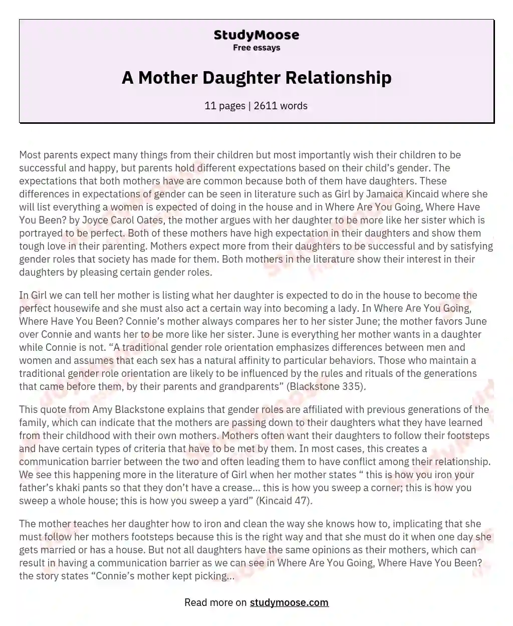 A Mother Daughter Relationship Free Essay Example