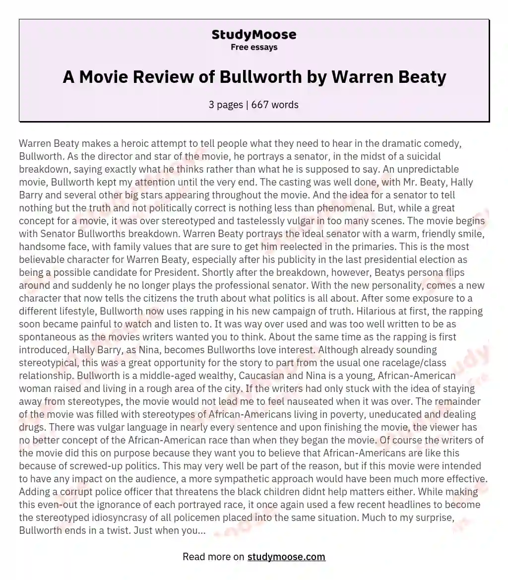 A Movie Review of Bullworth by Warren Beaty essay