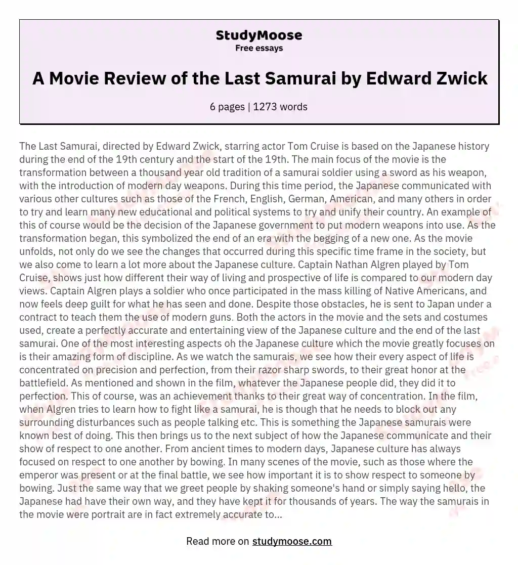 A Movie Review of the Last Samurai by Edward Zwick essay