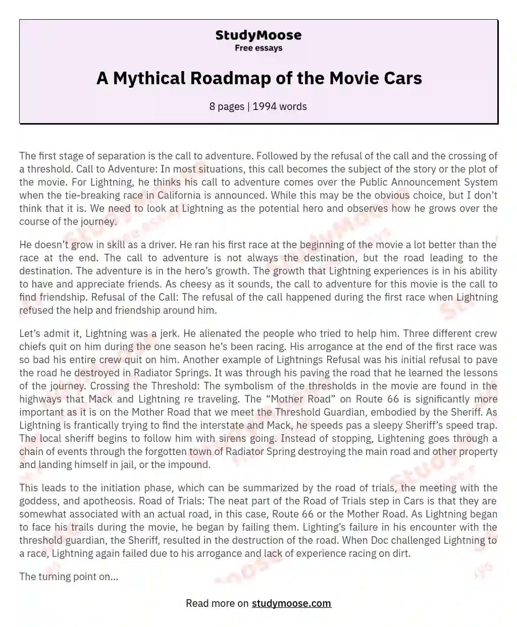 A Mythical Roadmap of the Movie Cars essay