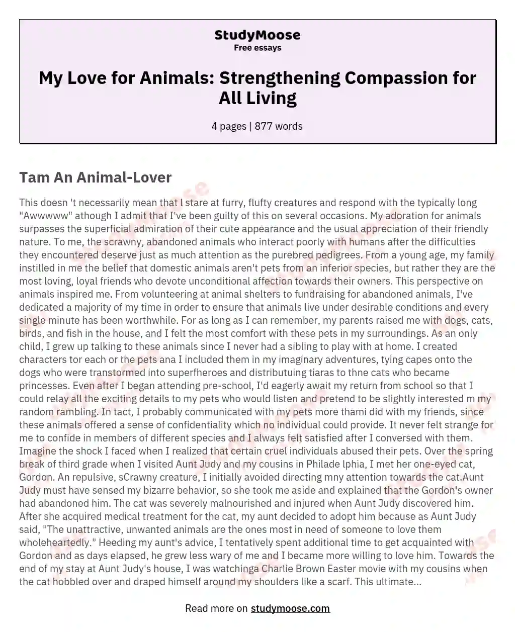 My Love for Animals: Strengthening Compassion for All Living essay