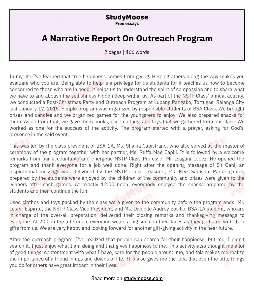 A Narrative Report On Outreach Program essay