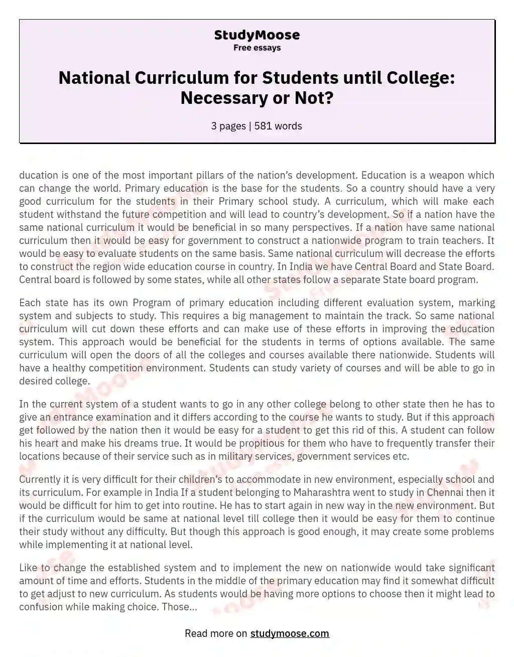 National Curriculum for Students until College: Necessary or Not? essay