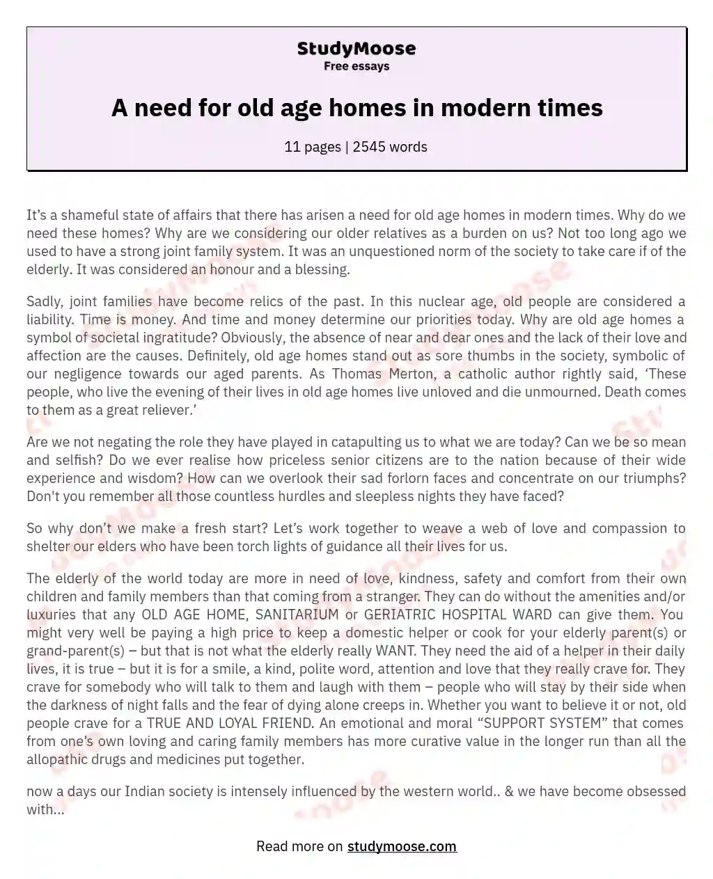 A need for old age homes in modern times essay