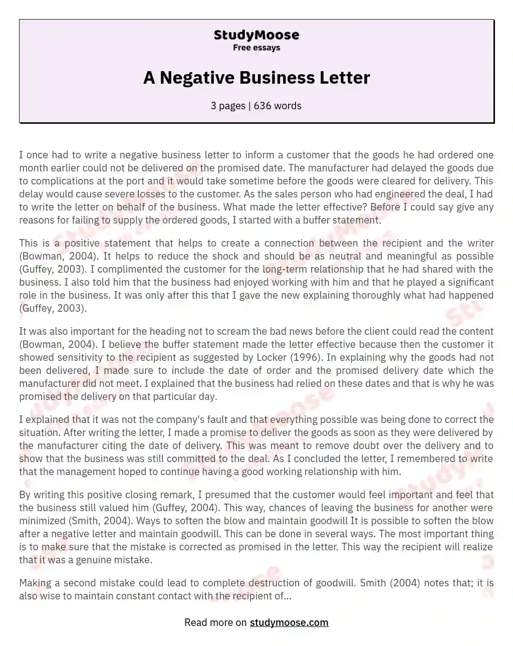 A Negative Business Letter essay