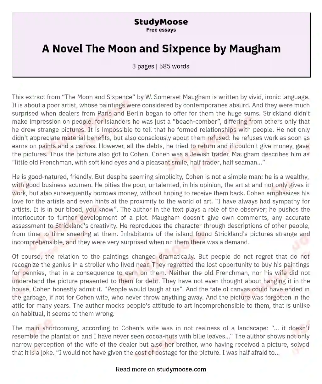 A Novel The Moon and Sixpence by Maugham