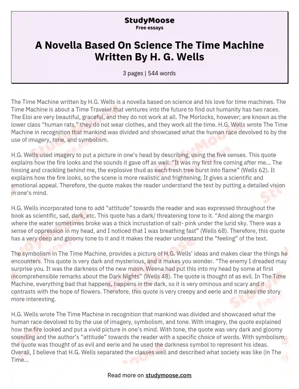 A Novella Based On Science The Time Machine Written By H. G. Wells essay
