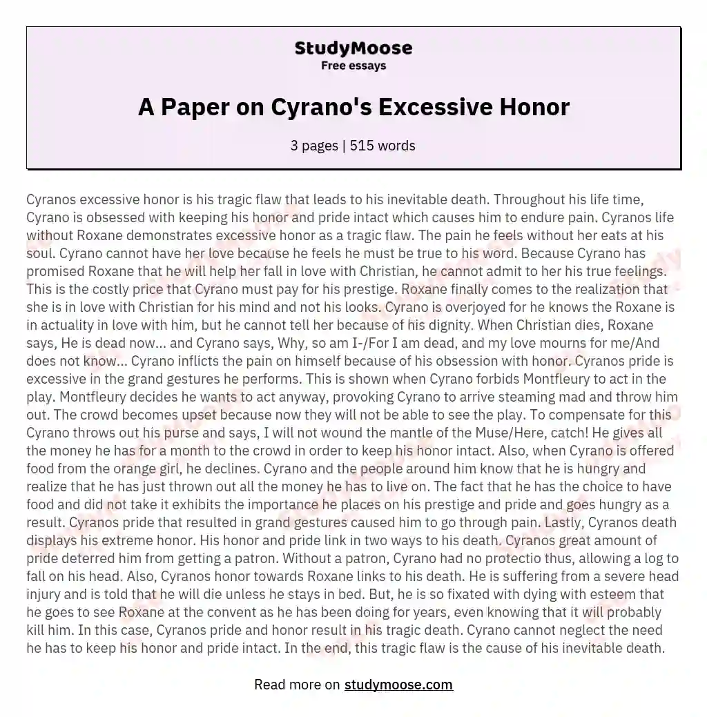 A Paper on Cyrano's Excessive Honor essay