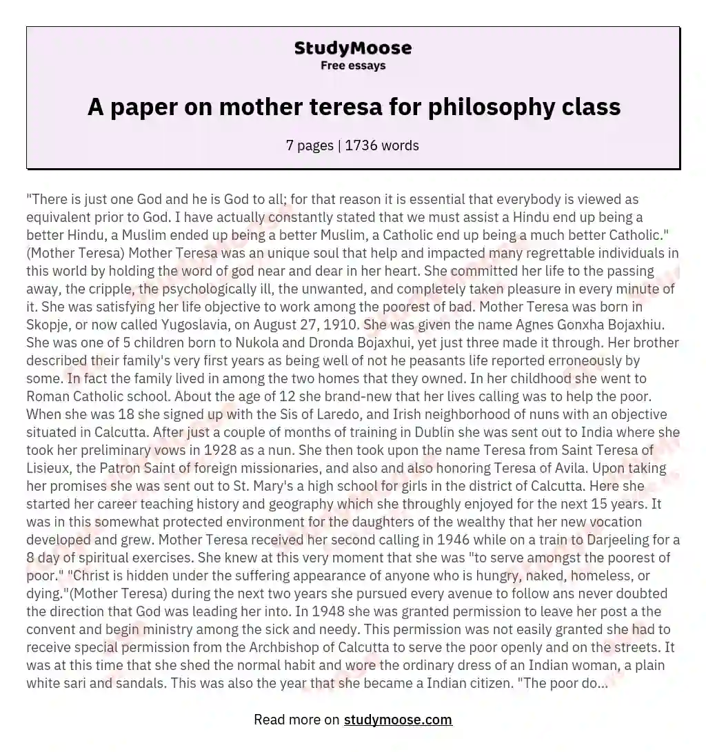 A paper on mother teresa for philosophy class essay
