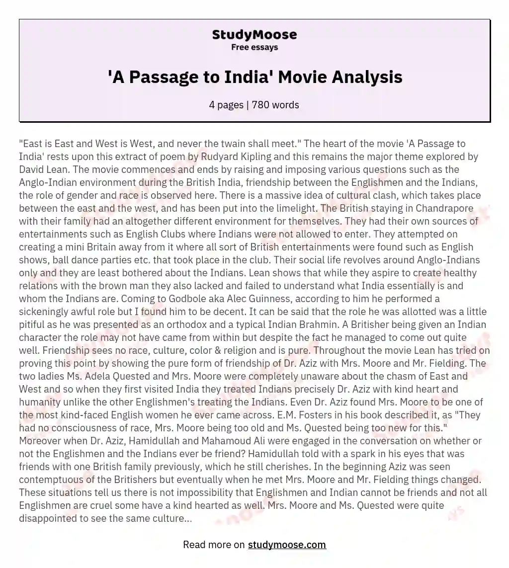 'A Passage to India' Movie Analysis essay