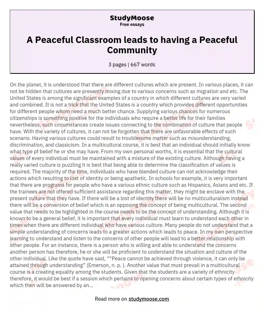 A Peaceful Classroom leads to having a Peaceful Community essay