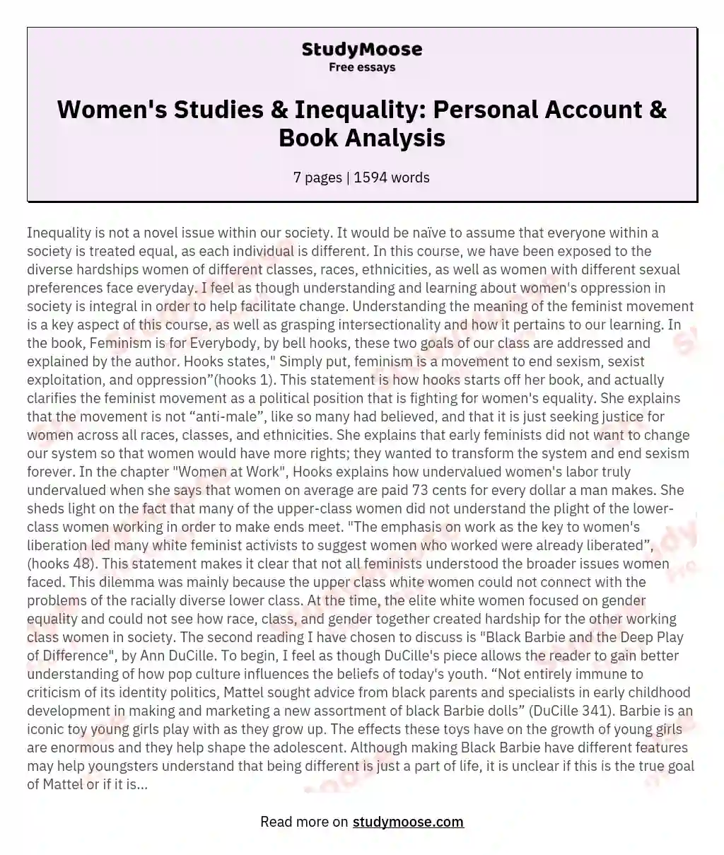 Women's Studies & Inequality: Personal Account & Book Analysis essay