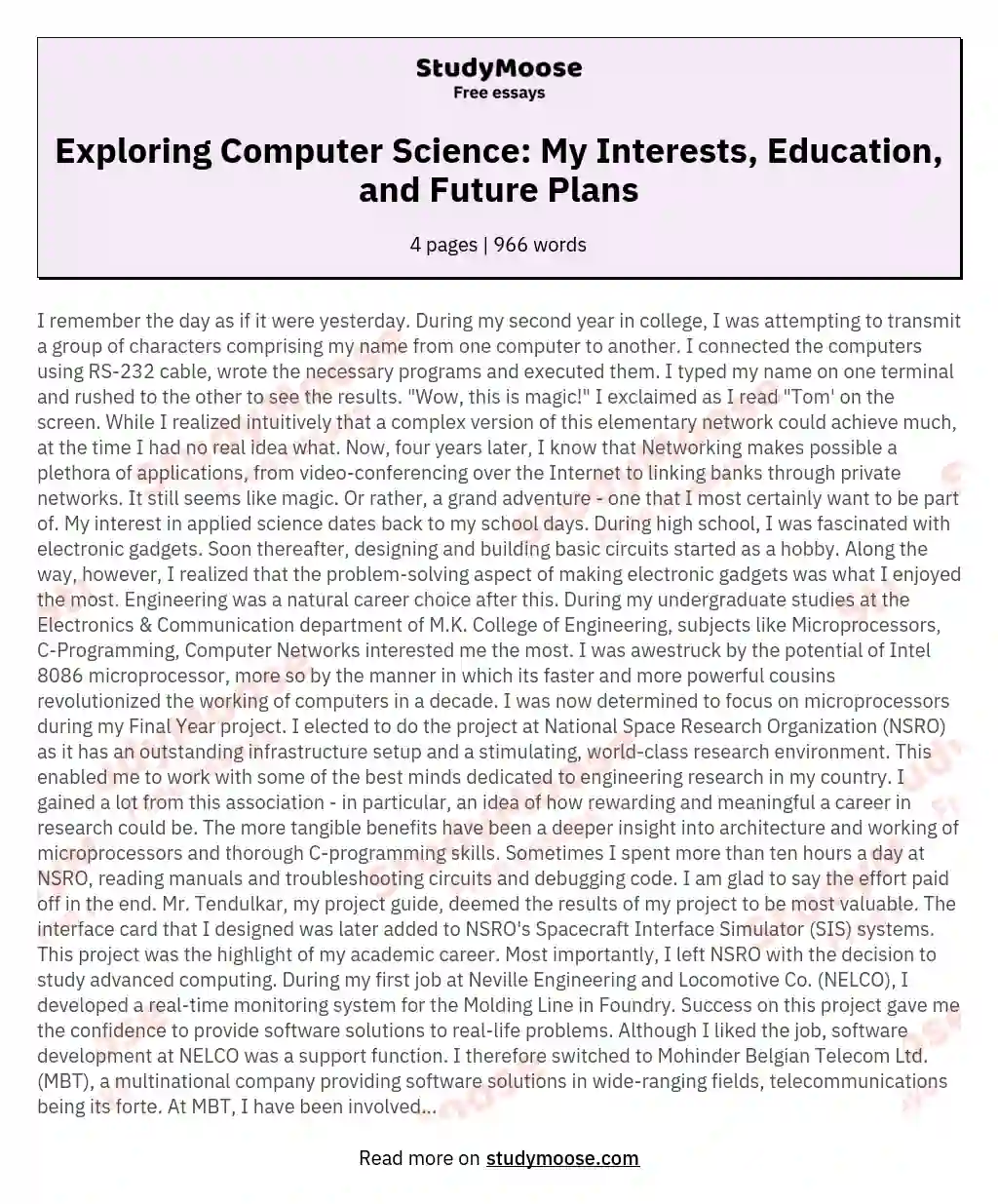 A Personal Account of the Interest, Education, and Future Plans in the Field of Computer Science