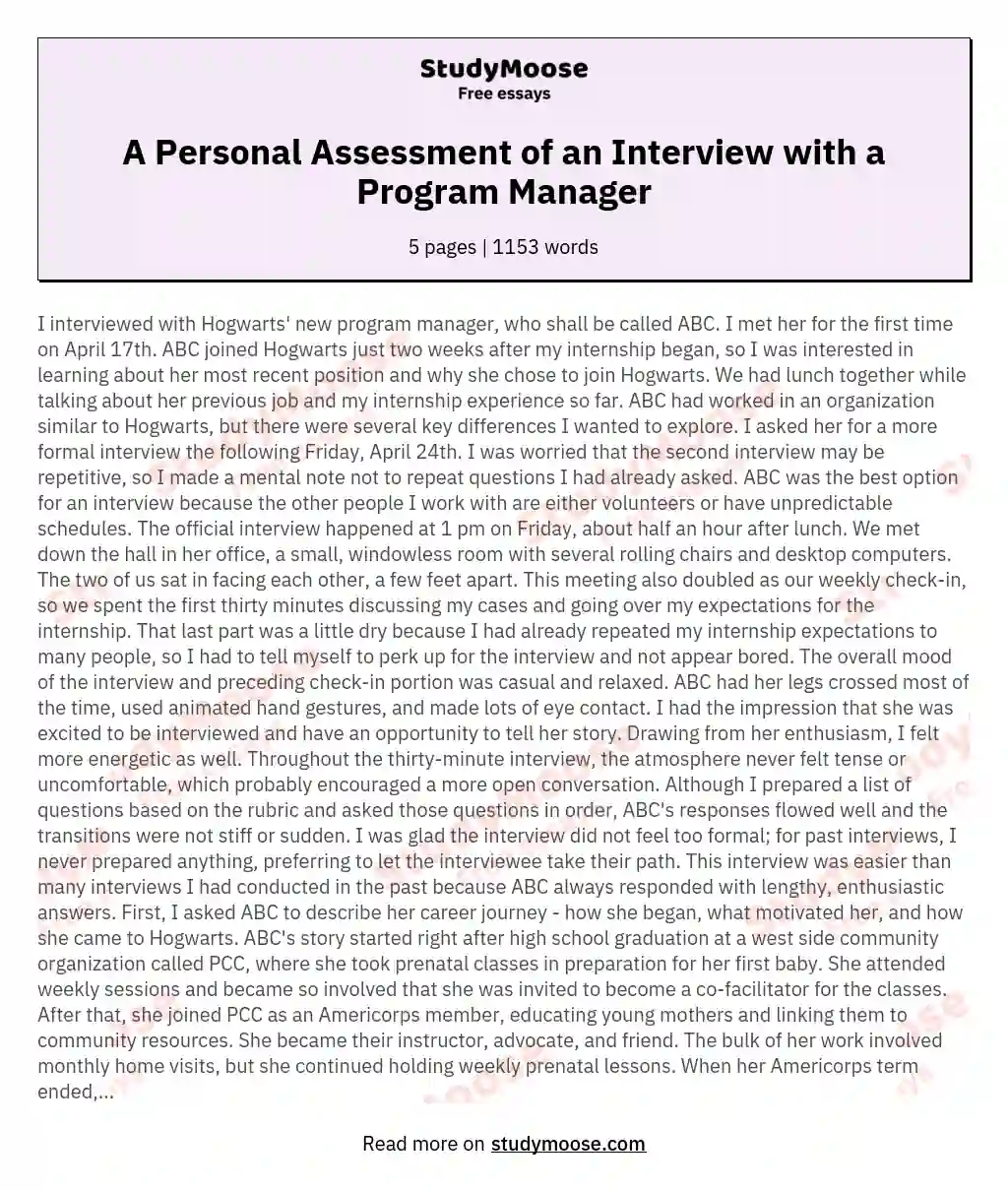 A Personal Assessment of an Interview with a Program Manager essay