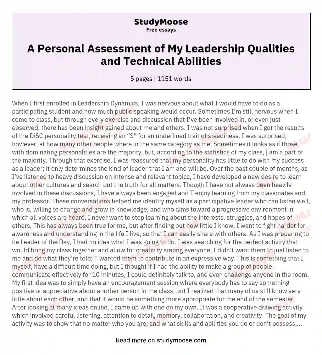 A Personal Assessment of My Leadership Qualities and Technical Abilities essay