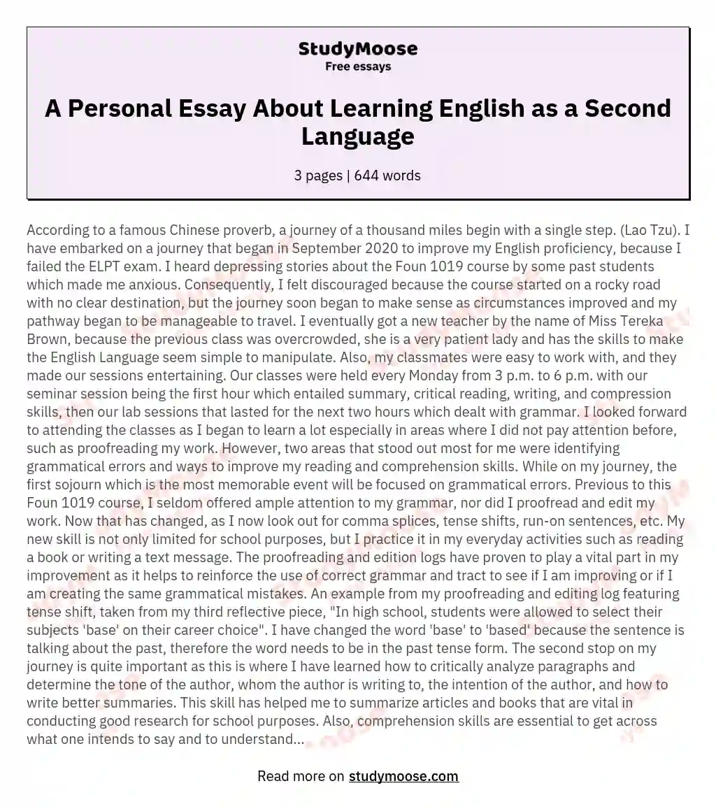A Personal Essay About Learning English as a Second Language essay