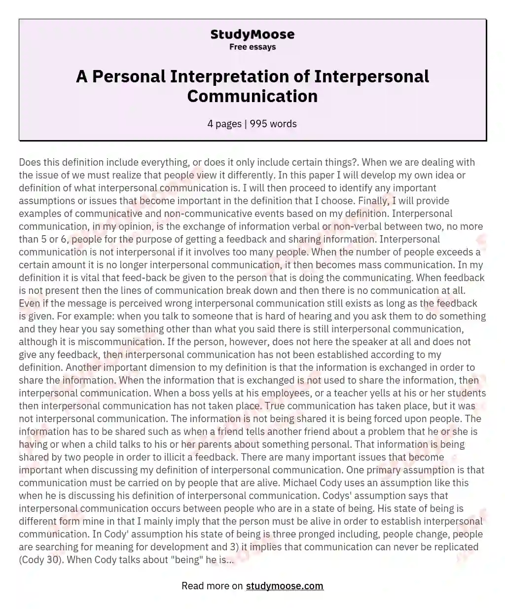 A Personal Interpretation of Interpersonal Communication essay