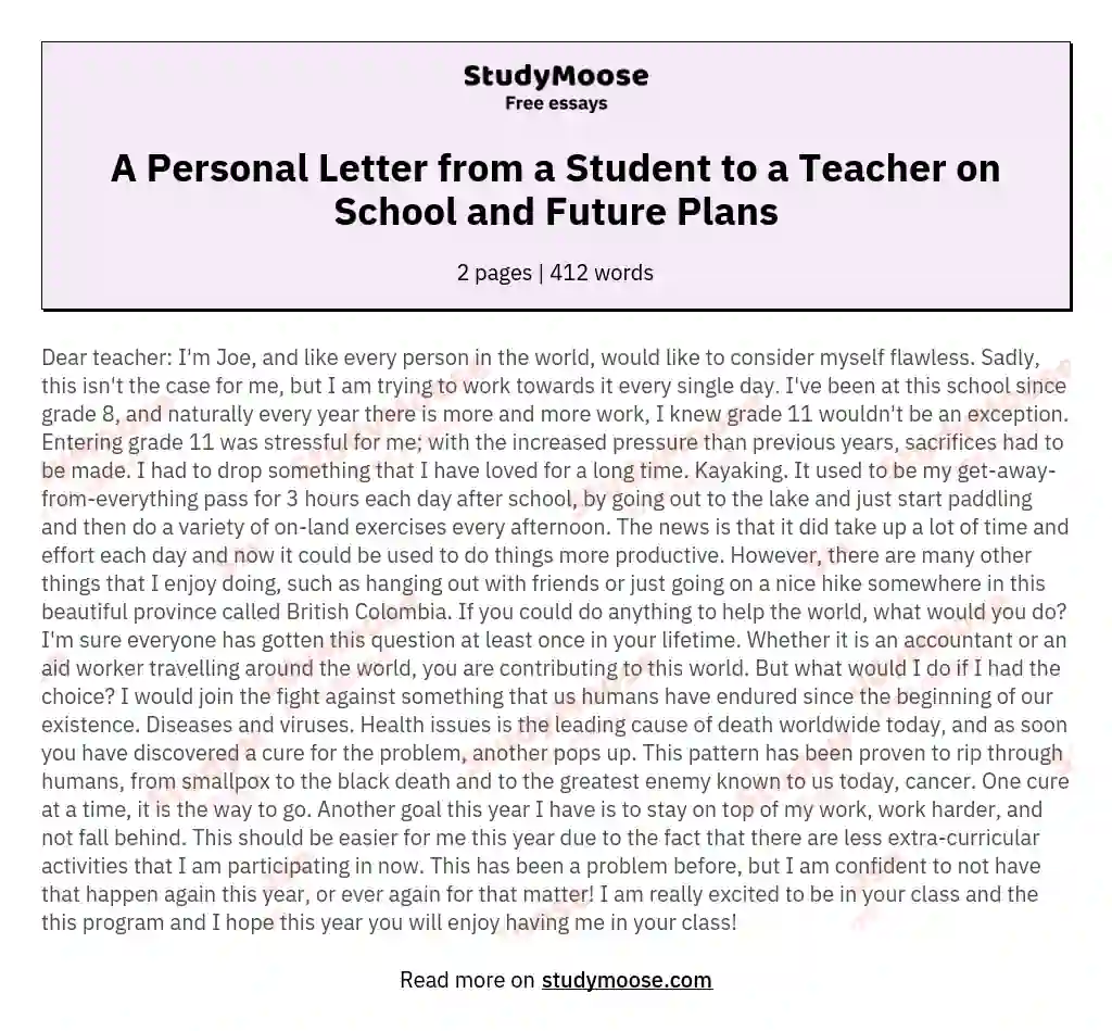 A Personal Letter from a Student to a Teacher on School and Future Plans