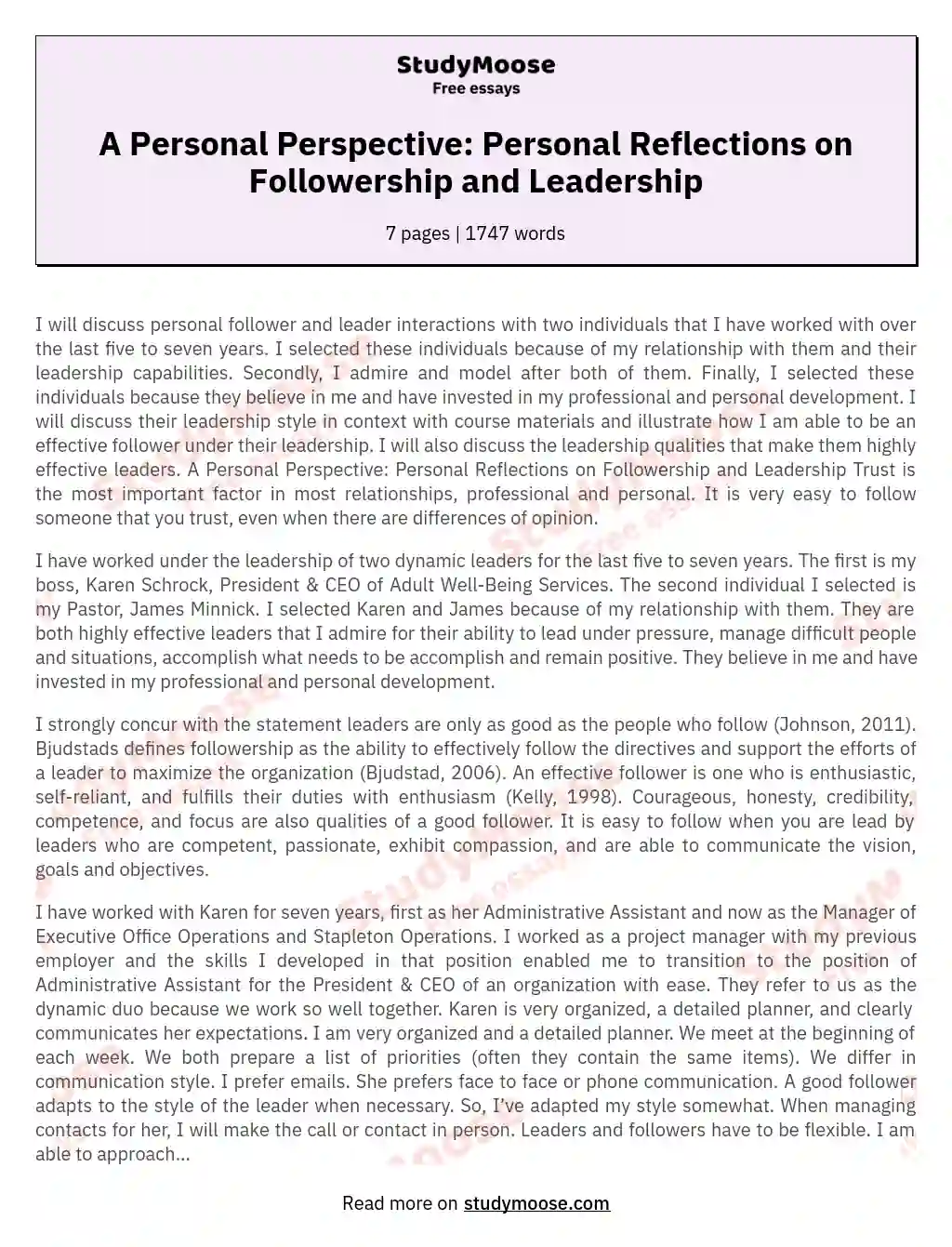 A Personal Perspective: Personal Reflections on Followership and Leadership