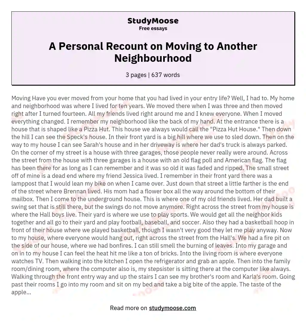 A Personal Recount on Moving to Another Neighbourhood essay