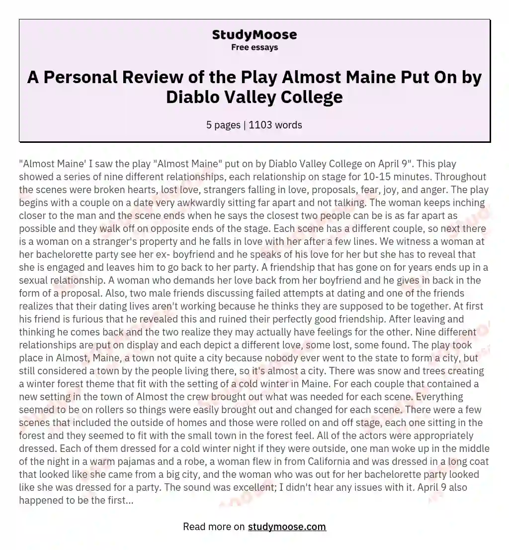 A Personal Review of the Play Almost Maine Put On by Diablo Valley College essay