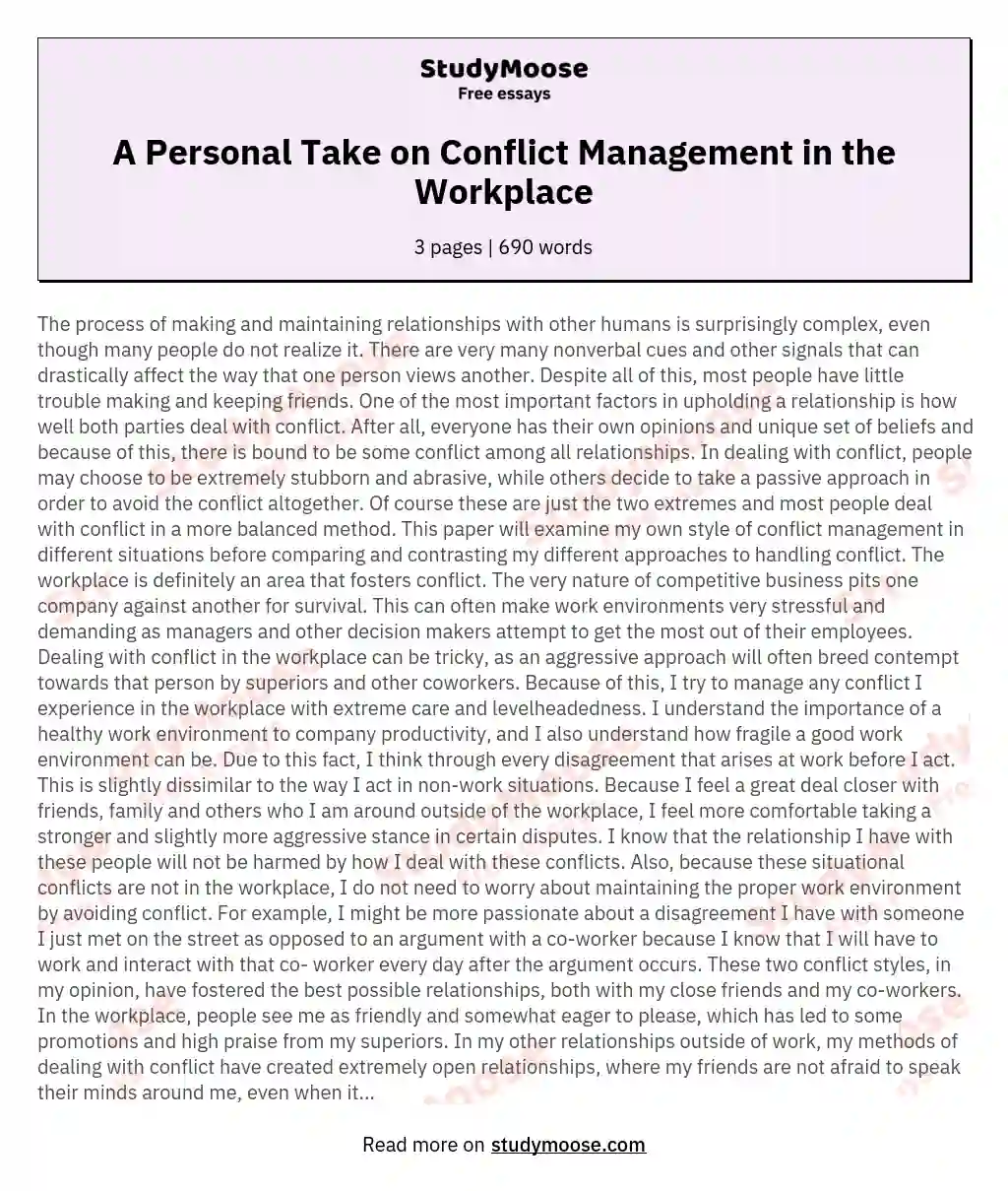 A Personal Take on Conflict Management in the Workplace essay