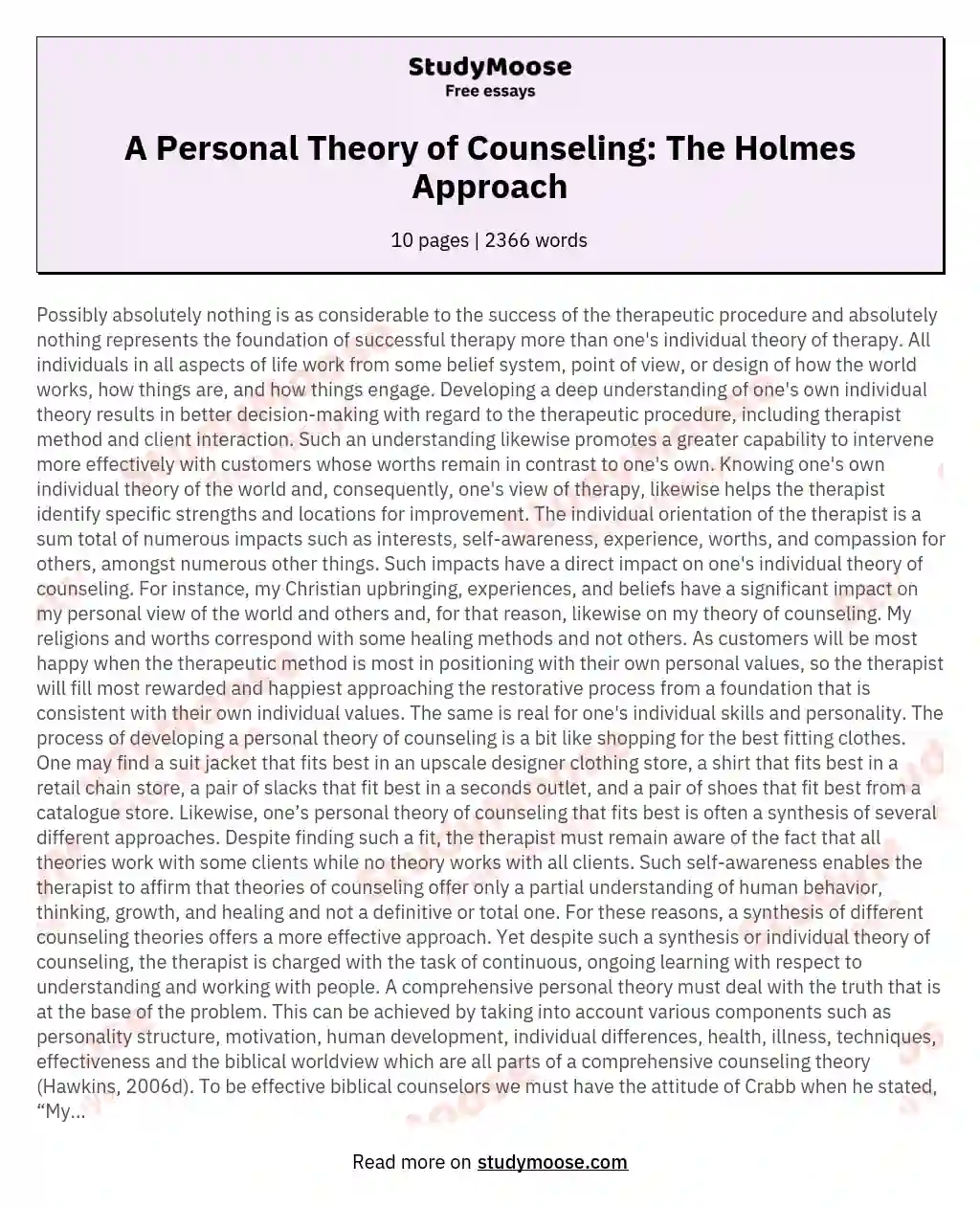 A Personal Theory of Counseling: The Holmes Approach essay