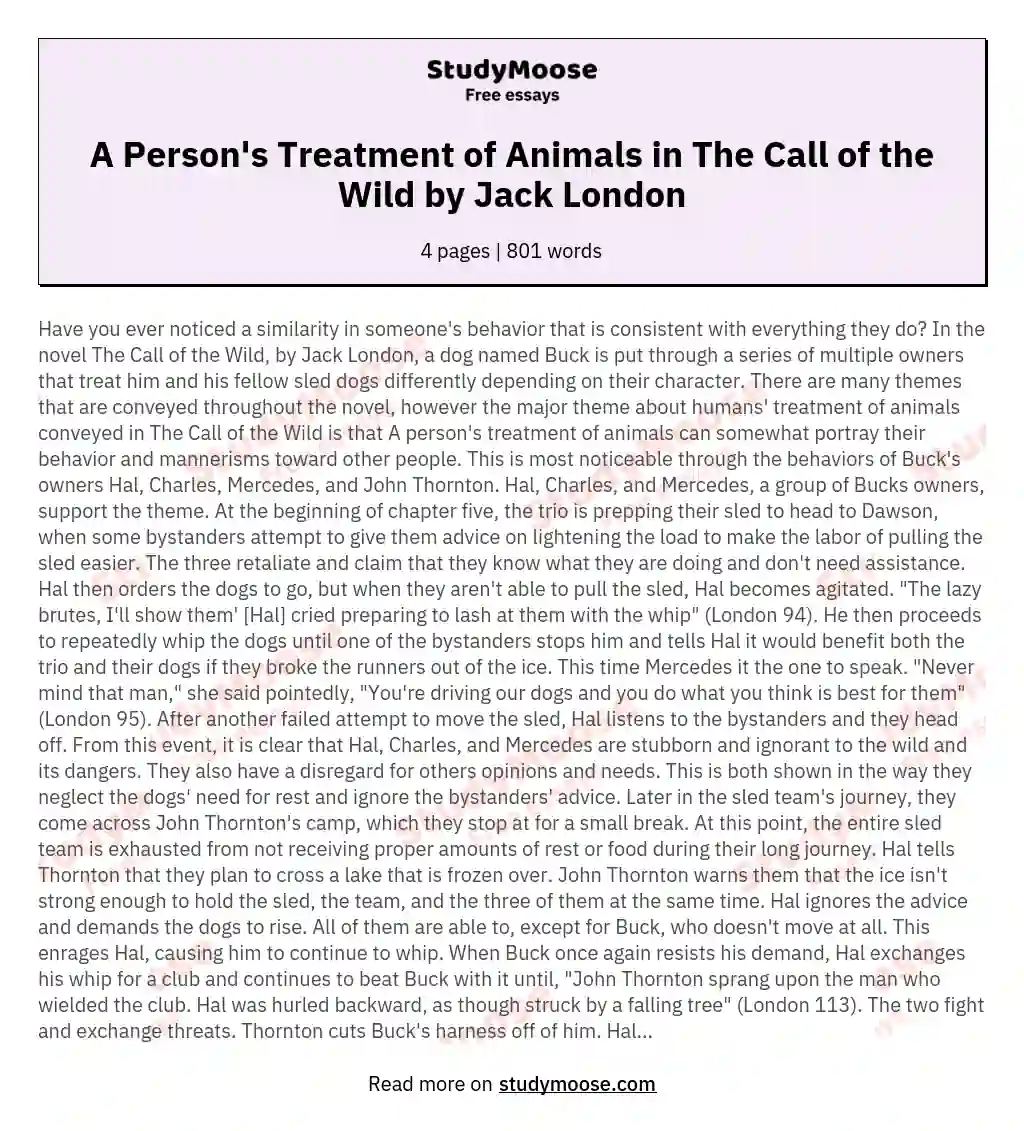 A Person's Treatment of Animals in The Call of the Wild by Jack London