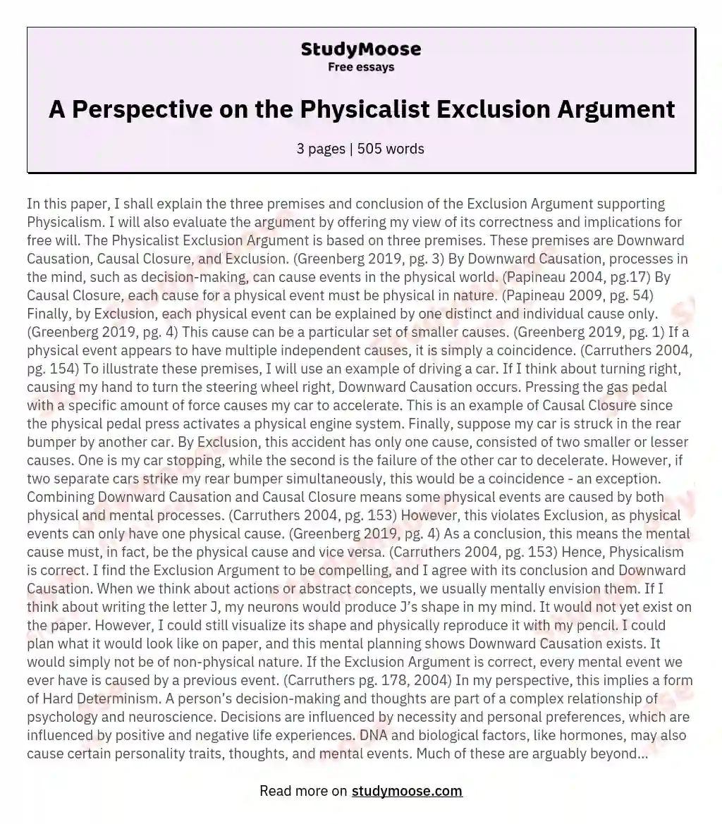 A Perspective on the Physicalist Exclusion Argument essay