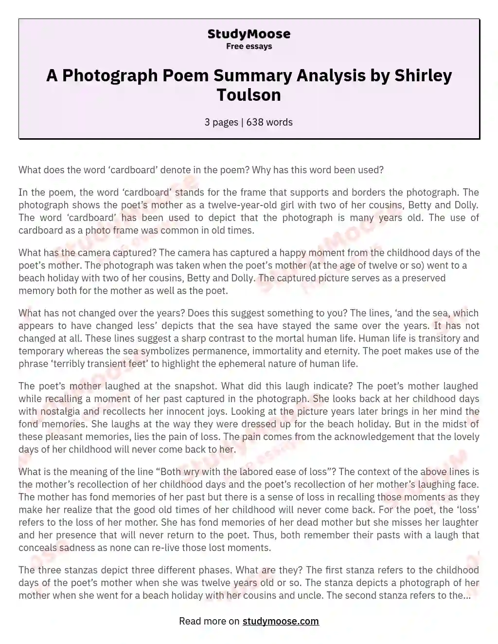A Photograph Poem Summary Analysis by Shirley Toulson essay