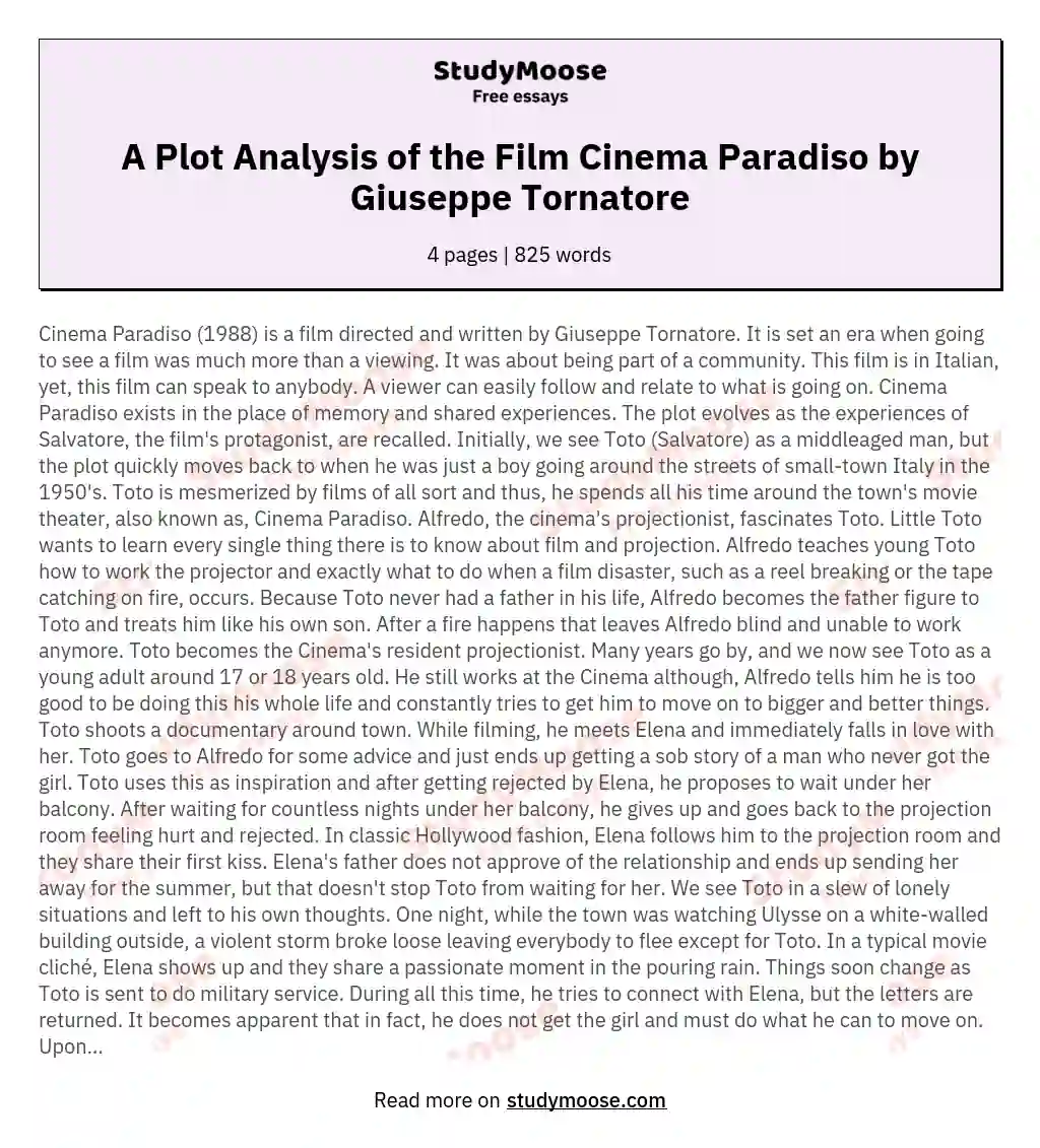 A Plot Analysis of the Film Cinema Paradiso by Giuseppe Tornatore essay