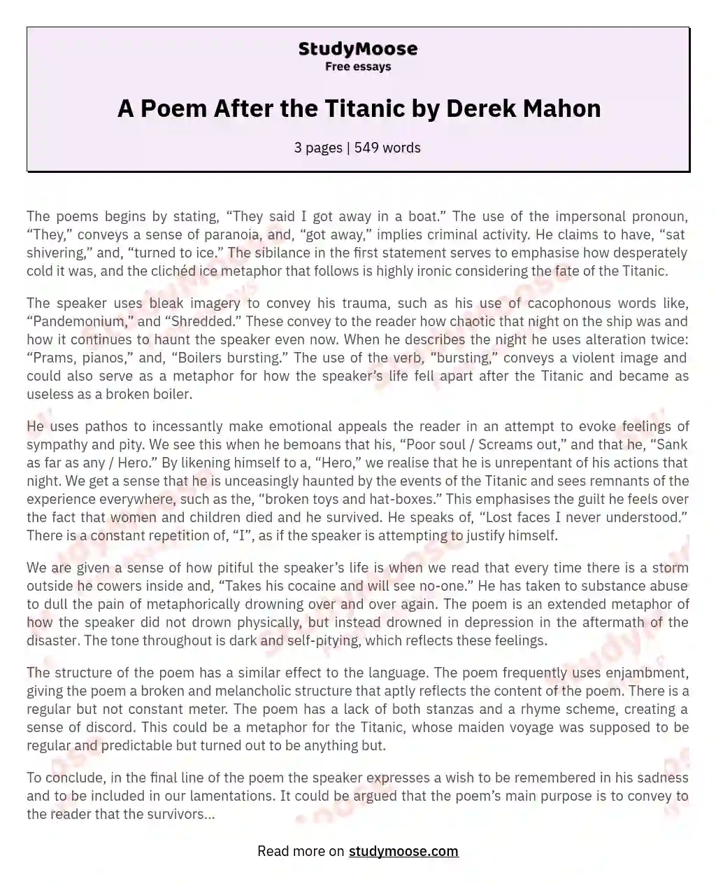 A Poem After the Titanic by Derek Mahon essay