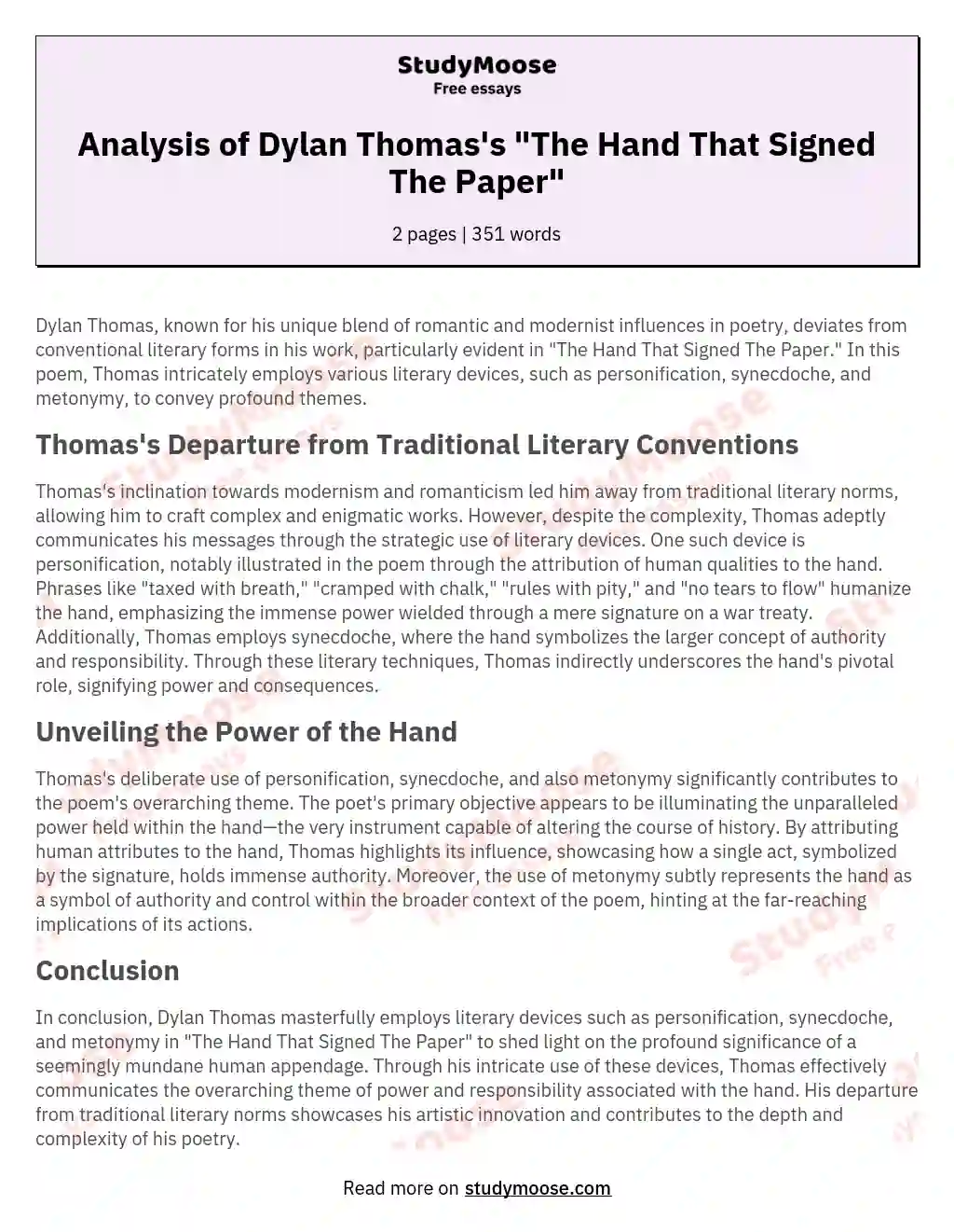 Analysis of Dylan Thomas's "The Hand That Signed The Paper" essay