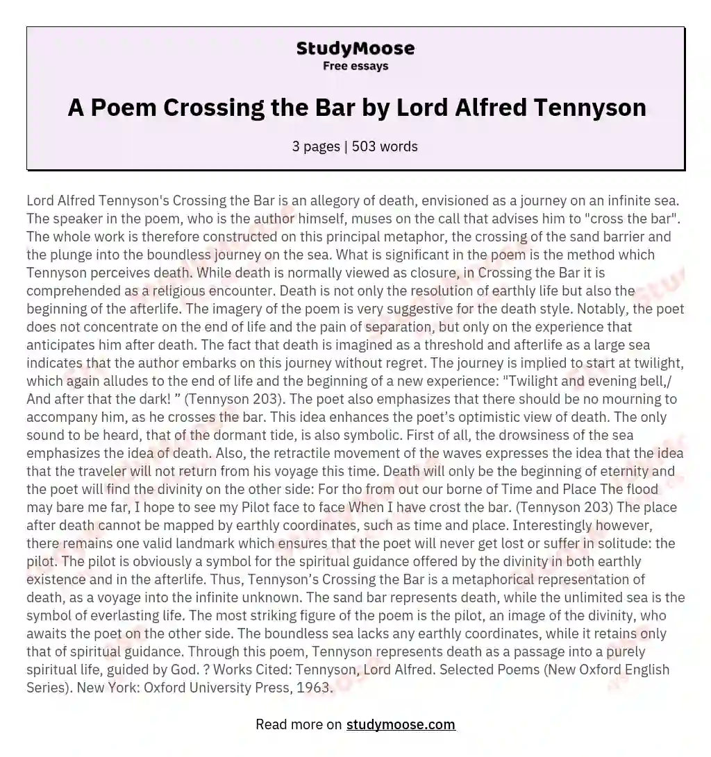 A Poem Crossing the Bar by Lord Alfred Tennyson essay