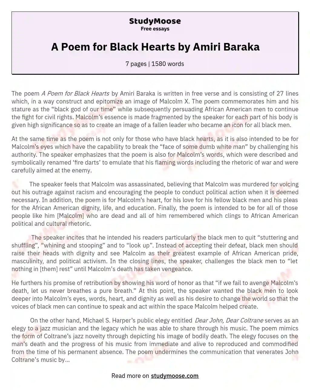 A Poem for Black Hearts by Amiri Baraka essay