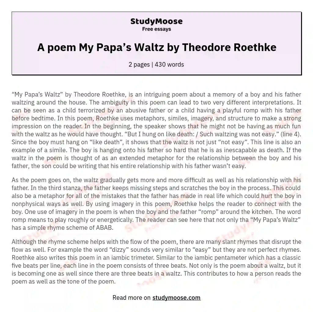 A poem My Papa’s Waltz by Theodore Roethke