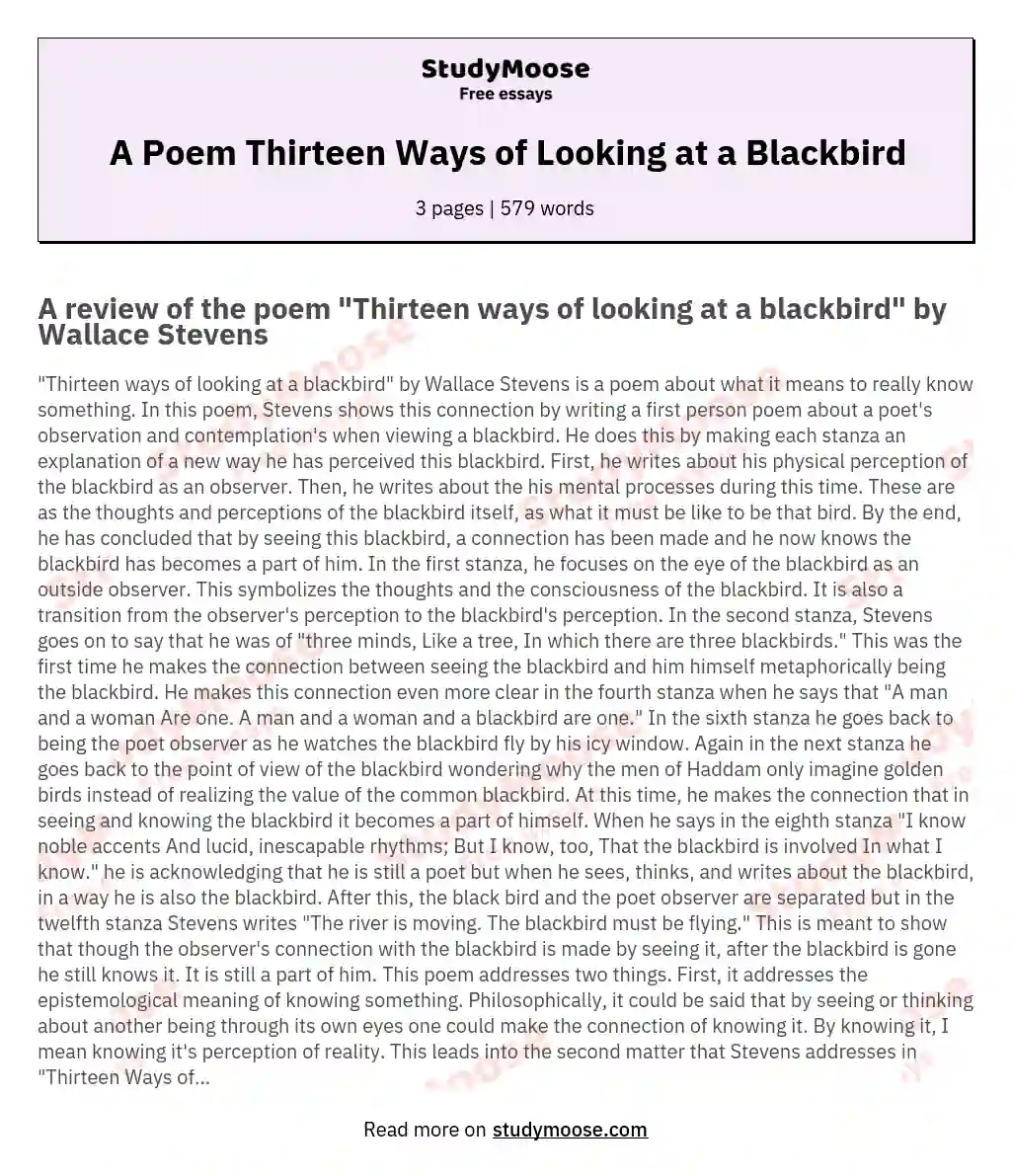 A Poem Thirteen Ways of Looking at a Blackbird essay