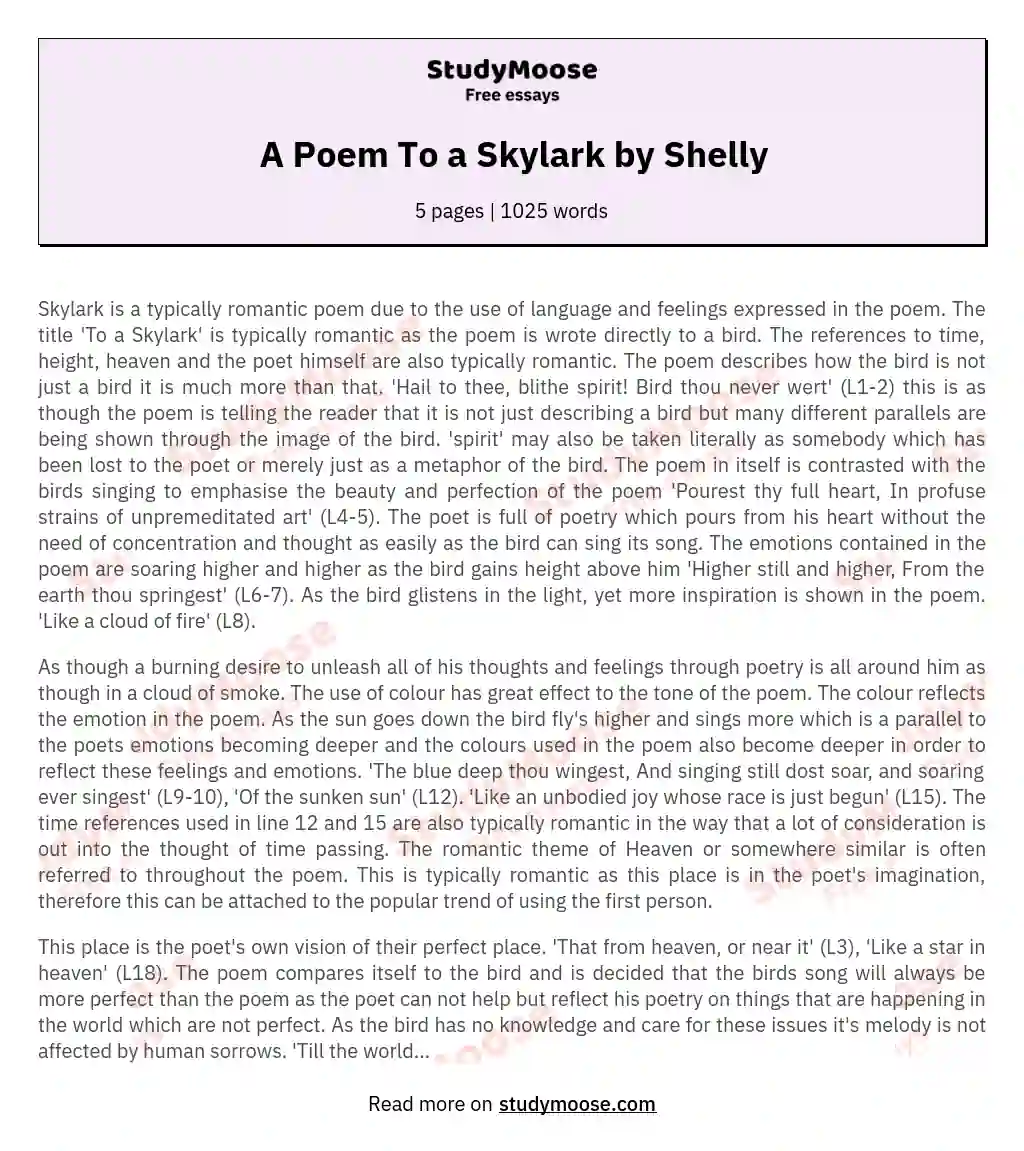 A Poem To a Skylark by Shelly