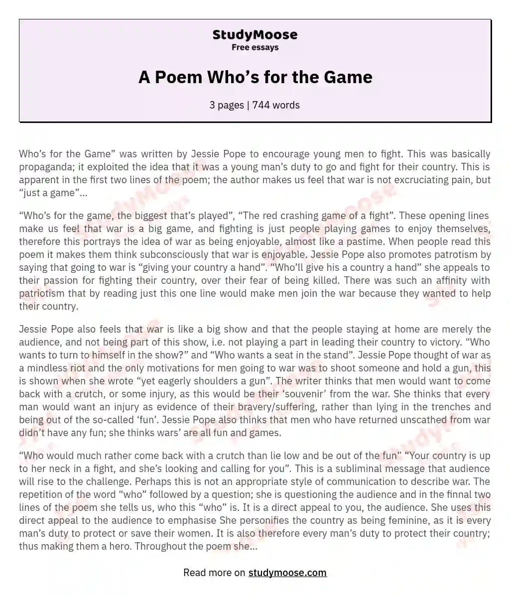 A Poem Who’s for the Game essay